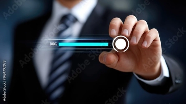 Fototapeta Businessman adjusting progress bar indicating success or growth in performance.