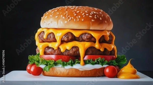 Fototapeta Classic Cheeseburger with Tomatoes and Pickles is a premium-quality stock image ideal for use in lifestyle blogs, health content, promotional campaigns, and editorial publications.