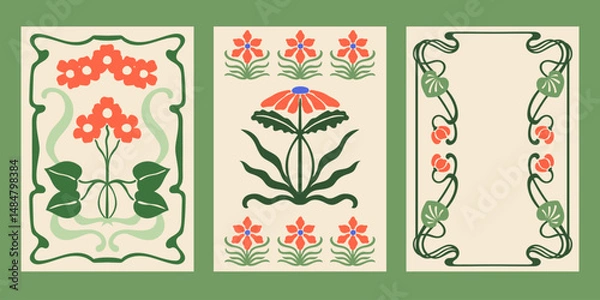 Fototapeta Art Nouveau style vector posters set. Retro print designs with flowers, abstract floral compositions, whimsical frames