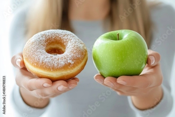 Fototapeta Woman holding a powdered donut and a green apple in her hands making a healthy or unhealthy choice