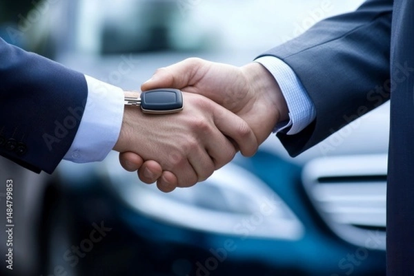 Fototapeta A handshake with car keys on the hand in front of a blue car representing a successful car deal