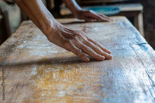Fototapeta Hands gently resting on a weathered wooden surface with visible grain and subtle light reflections present