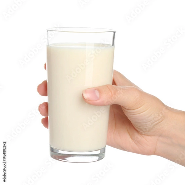 Fototapeta Hand holding glass of light colored liquid against black background concept of consumption and refreshment