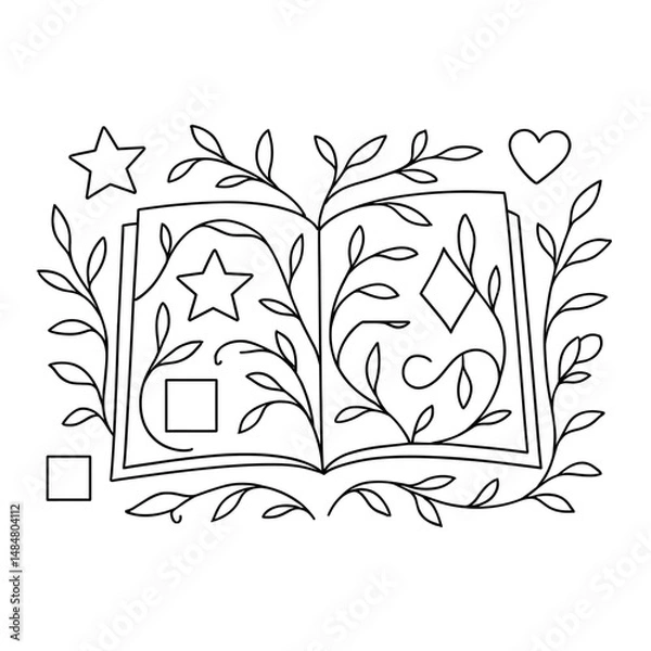 Fototapeta Open book with floral elements and geometric shapes line art vector illustration design template