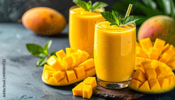 Fototapeta Tropical mango smoothie with sliced fruits on side