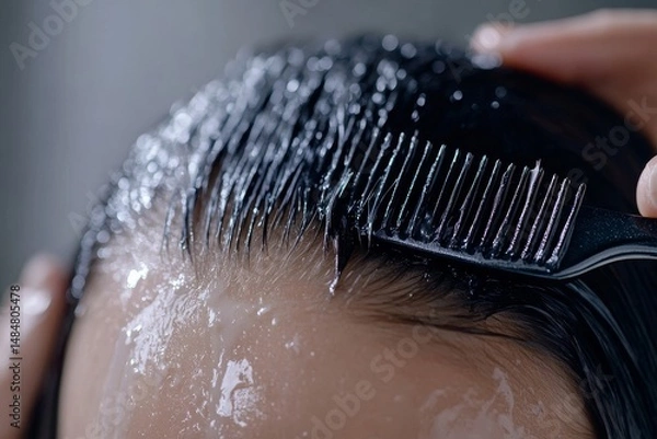 Fototapeta Close up of wet black hair being combed with a black comb showing hair care and grooming routine detail