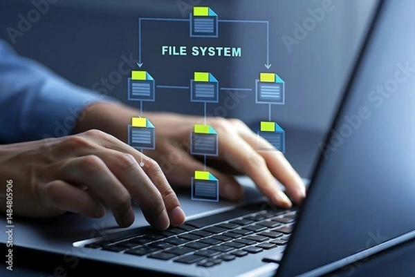 Fototapeta Person using laptop computer with digital file system interface graphic overlay