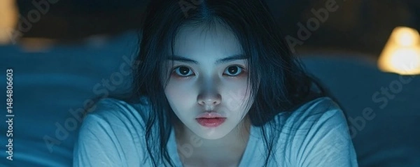 Fototapeta Close up portrait of a young woman with dark hair and light skin looking directly at the camera
