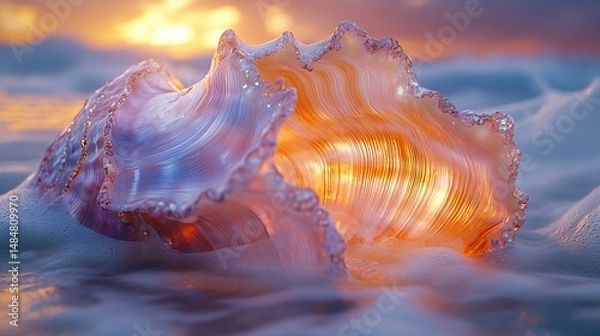 Fototapeta Nacreous interiors gleam within the shells of deep-sea mollusks, their iridescent layers creating a mesmerizing display of natural artistry, a hidden beauty of the ocean depths