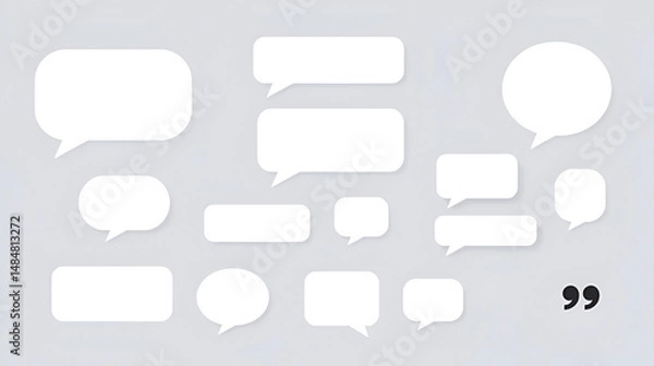 Fototapeta Set of blank white speech bubble in flat design, chatting box, message box icon. Balloon doodle style of thinking sign symbol. Quotation marks. Black quotes icons set