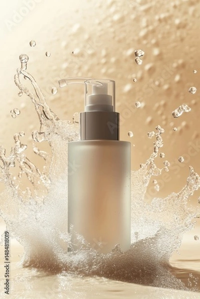 Fototapeta A luxurious skincare product mockup showcases a sleek pump bottle on a neutral beige background. Surrounding water splashes evoke freshness, enhanced by soft natural lighting