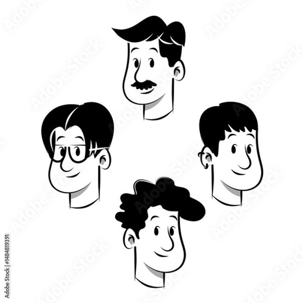 Fototapeta Vector cartoon portraits of four diverse men in monochrome style. Bold, high-contrast character illustrations perfect for avatars, icons, posters, and editorial design