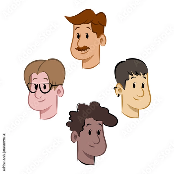 Fototapeta Vector cartoon portraits of four diverse men in a colorful and vibrant style. Fun and eye-catching character illustrations, ideal for posters, branding, social media, and creative projects