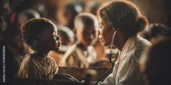 Fototapeta Female Doctor Talking to Students in Village School is a premium-quality stock image ideal for use in lifestyle blogs, health content, promotional campaigns, and editorial publications.