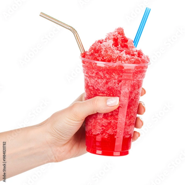Fototapeta Handheld frozen red beverage with straws