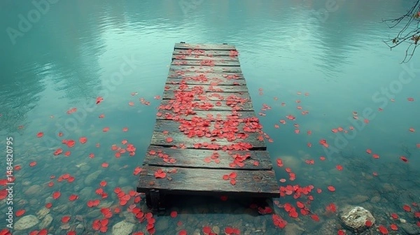 Fototapeta Rustic umber planks form a weathered dock extending into a placid turquoise lagoon Scarlet blossoms drift lazily on the water's surface, carried by a light breeze