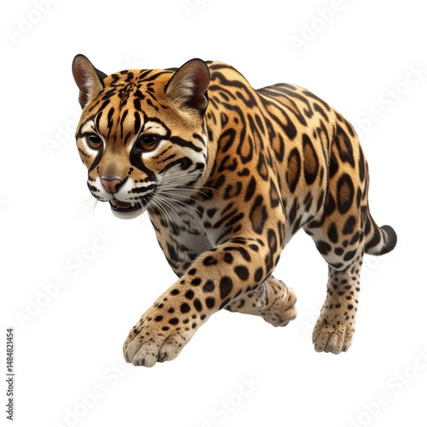 Fototapeta Ocelot prowling forward with intense focus preparing to hunt in the dense on transparent background