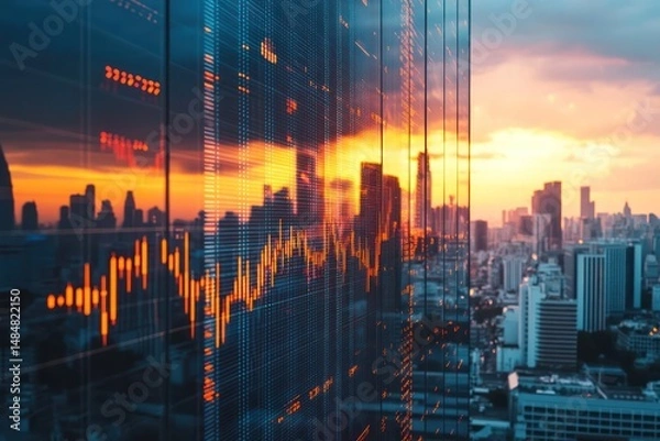 Fototapeta City skyline with stock market graph reflected on building at sunset