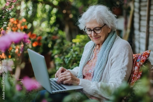 Obraz Senior woman using laptop in garden