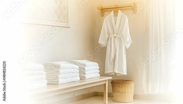 Obraz Spa-like bathroom interior featuring neatly stacked white towels, a plush white bathrobe hanging on a wooden rack, and a woven basket.  Clean and serene atmosphere.