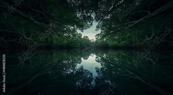 Obraz Reflective forest canopy frames tranquil water
