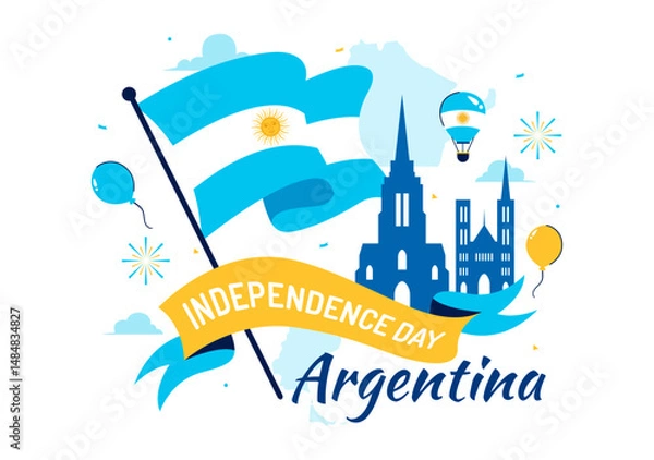 Obraz Happy Argentina Independence Day Vector Illustration on 9th of July Celebration Featuring Waving Flag and Ribbon in a Festive Cartoon Background