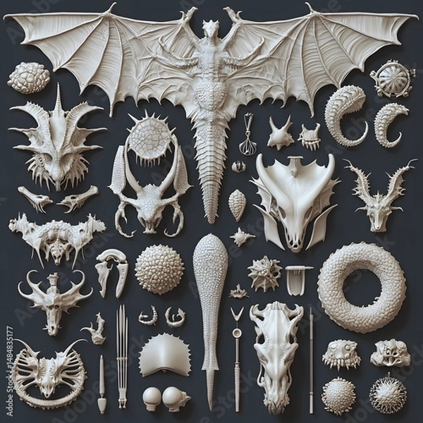 Fototapeta An intricately detailed, stylized arrangement of dragon anatomy studies showcases form, texture, and mythological inspiration on a dark, flat backdrop beautifully.