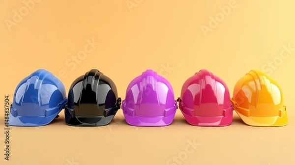 Fototapeta Colorful Construction Helmets in a Row on Orange Background
