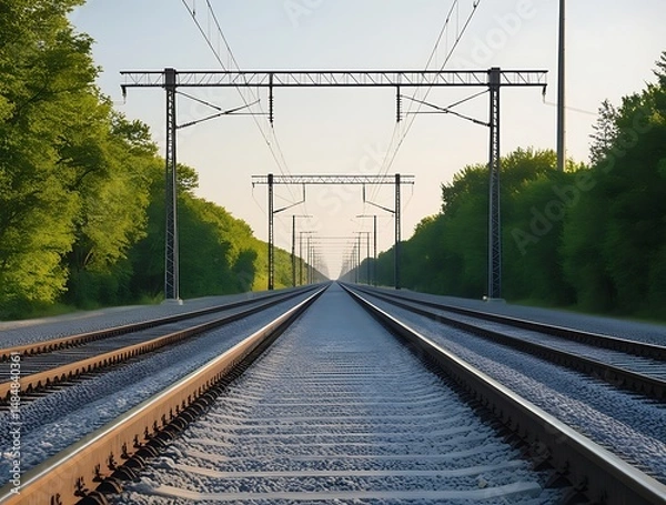 Obraz Symmetrical railway track disappearing into the distance with electric poles and lush green trees on both sides, symbolizing travel, transportation, and connection infrastructure

