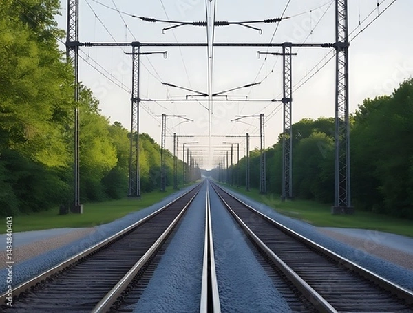 Obraz Symmetrical railway track disappearing into the distance with electric poles and lush green trees on both sides, symbolizing travel, transportation, and connection infrastructure

