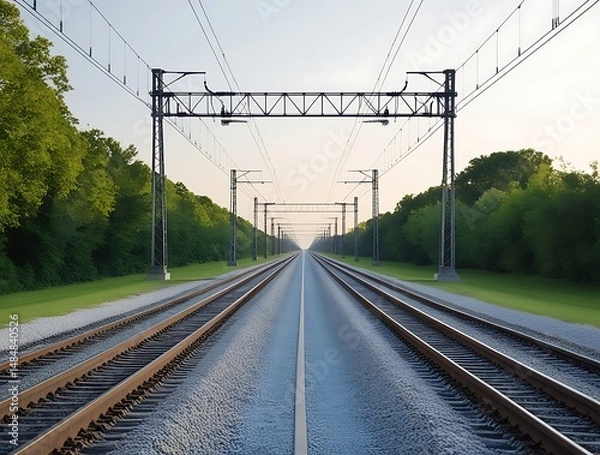 Obraz Symmetrical railway track disappearing into the distance with electric poles and lush green trees on both sides, symbolizing travel, transportation, and connection infrastructure

