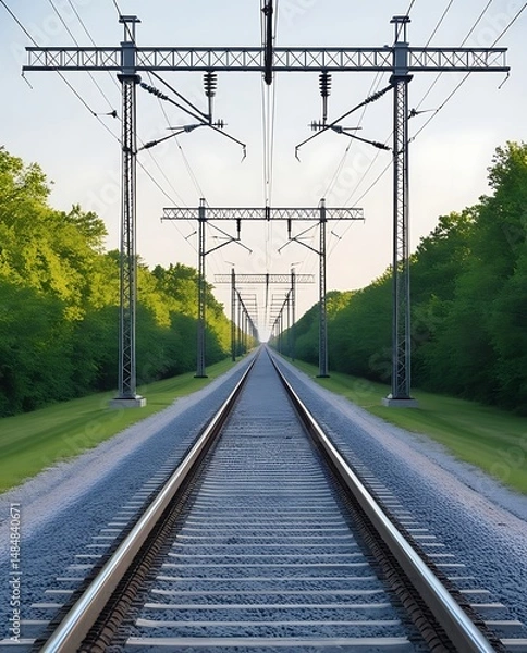 Obraz Symmetrical railway track disappearing into the distance with electric poles and lush green trees on both sides, symbolizing travel, transportation, and connection infrastructure

