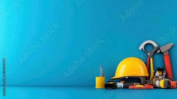Fototapeta Construction Tools Arrangement on Blue Background for Work Projects