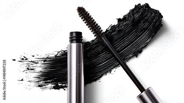 Fototapeta Black mascara brush is shown next to a black line of mascara. The brush is in the middle of the line, and the line is on the right side of the brush. Concept of makeup application
