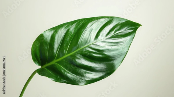 Fototapeta Lush green Monstera leaf showcasing glossy texture against a soft neutral background