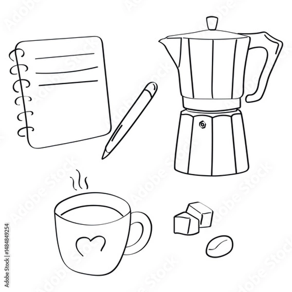 Fototapeta Hand drawn vector illustration of a coffee pot, steaming cup of coffee, sugar cubes, coffee bean, spiral notebook and pen. Perfect for designs related to morning rituals, journaling, planning