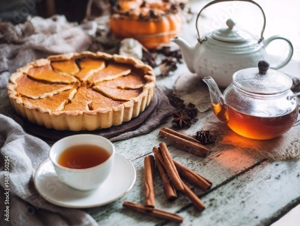 Fototapeta Table with homemade pumpkin pie, cinnamon sticks, and warm tea in a rustic kitchen setting, evoking a cozy autumn atmosphere Generative AI