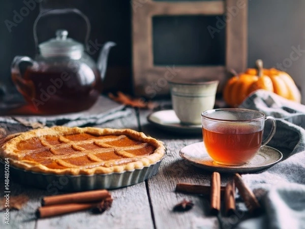 Fototapeta Table with homemade pumpkin pie, cinnamon sticks, and warm tea in a rustic kitchen setting, evoking a cozy autumn atmosphere Generative AI