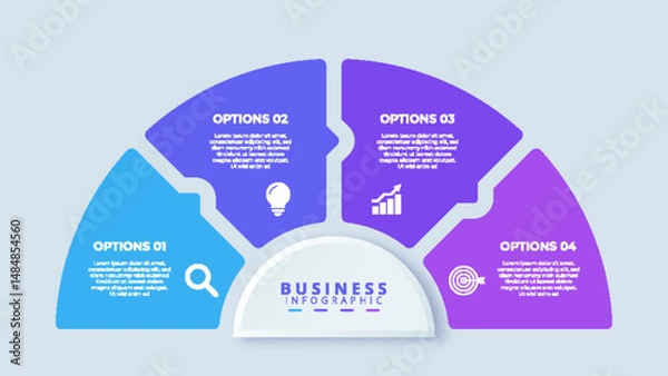 Fototapeta Infographic template featuring 4 steps with icons, designed for business concepts. Ideal for presentations, banners, workflow layouts, process diagrams, flowcharts, and data visualization.