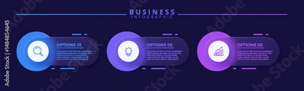 Fototapeta Infographic label design template featuring icons and three distinct steps. Ideal for process charts, presentation slides, workflow schemes, banners, flow diagrams, and data visualizations.