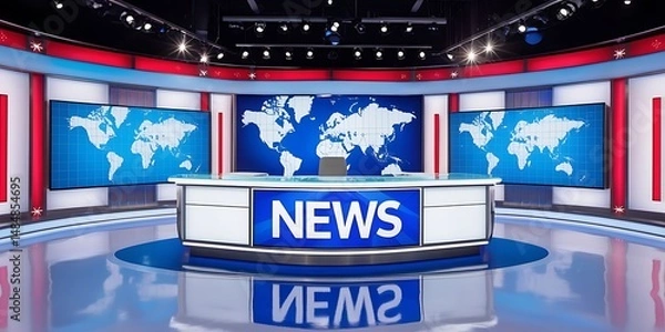 Obraz Modern television news studio interior with world map screens, professional lighting, and a central news desk, representing global journalism and breaking news coverage concept

