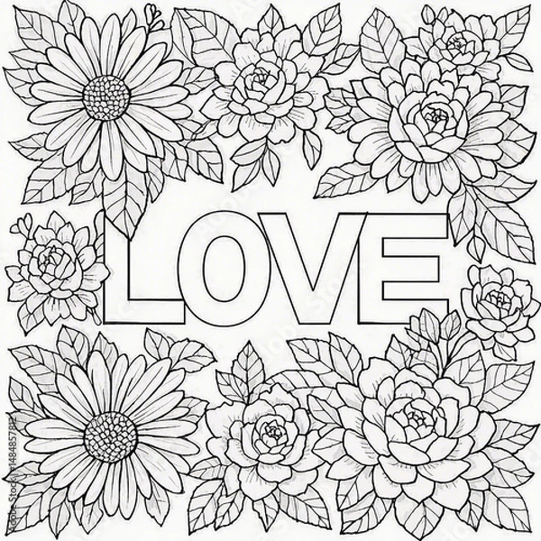 Fototapeta Love Word with Botanical Square Frame Coloring Page