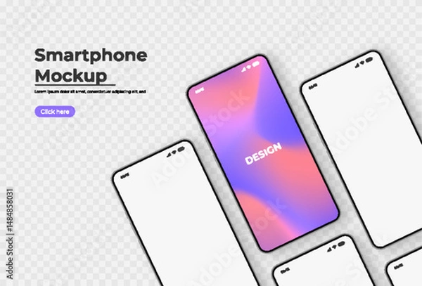 Fototapeta Realistic smartphone mockup in front view. 3D mobile device with shadow on white background. High-quality vector for UI UX design showcase.