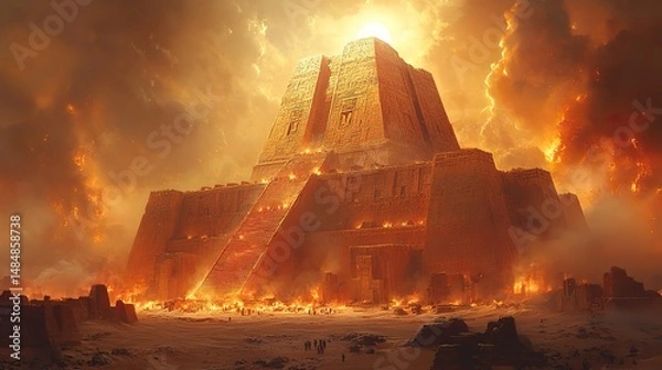 Fototapeta Ziggurat-shaped ancient temple rising majestically from the desert sands under a scorching sun
