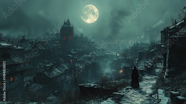 Fototapeta Zinc rooftops gleam under the pale light of a full moon, casting long, eerie shadows across a silent, urban landscape