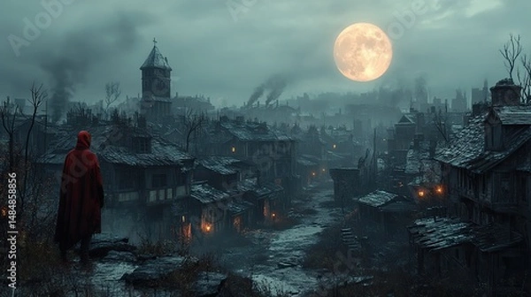 Fototapeta Zinc rooftops gleam under the pale light of a full moon, casting long, eerie shadows across a silent, urban landscape