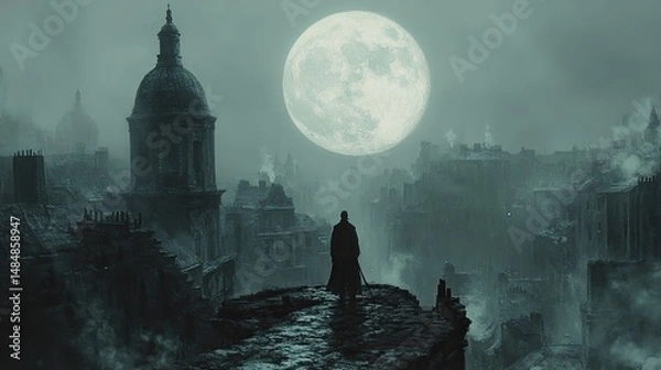 Fototapeta Zinc rooftops gleam under the pale light of a full moon, casting long, eerie shadows across a silent, urban landscape