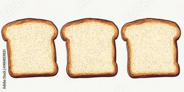 Fototapeta Three slices of white bread with toasted crusts arranged side by side on a plain white background