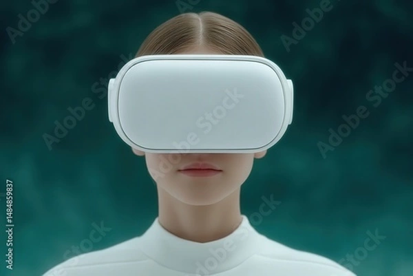 Obraz Immersive virtual reality experience with futuristic headset and serene ambiance highlighting digital interaction and modern technology within contemporary lifestyle settings