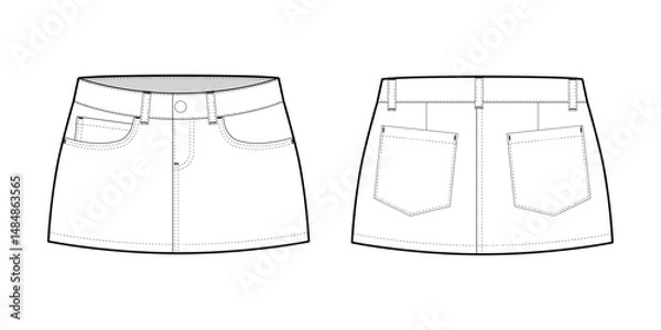 Fototapeta Low Rise Mini Skirt- Front and Back View- Flat Vector Illustration- Vector/Cad Mock-up 